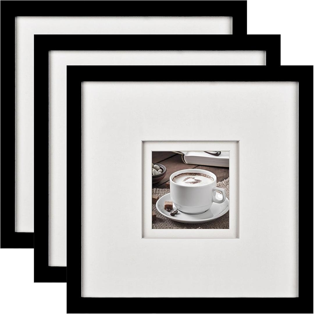 Yaetm 12x12 Square Picture Frame Matted to 5x5, Double Floating Ivory Mat, Black Photo Frame with Polished Tempered Glass for Wall Gallery, Home and Office, Wall Mounting, 3 Pack, Black