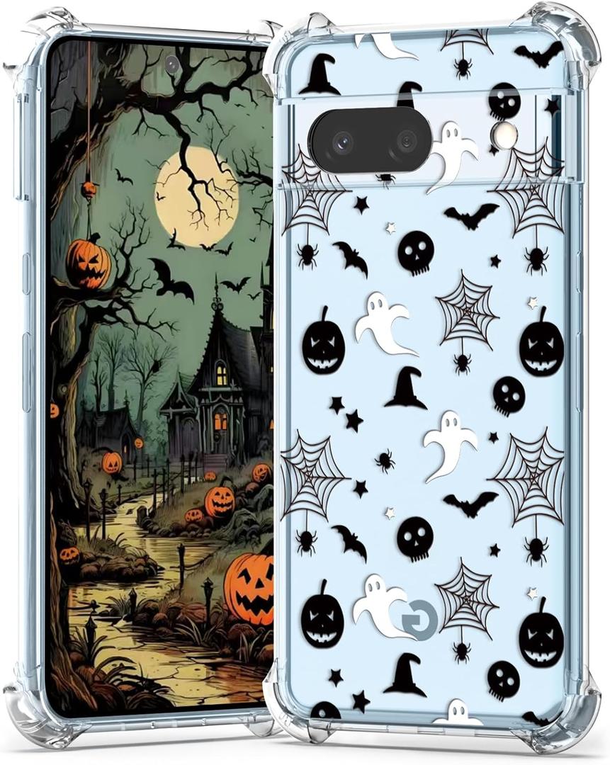 2 x for Google Pixel 7a Case Halloween Pumpkin Skull, Cute Design Girls Shockproof Soft Slim Women Mobile Back Cover Clear Phone Case for Google Pixel 7a (black pumpkin bat)