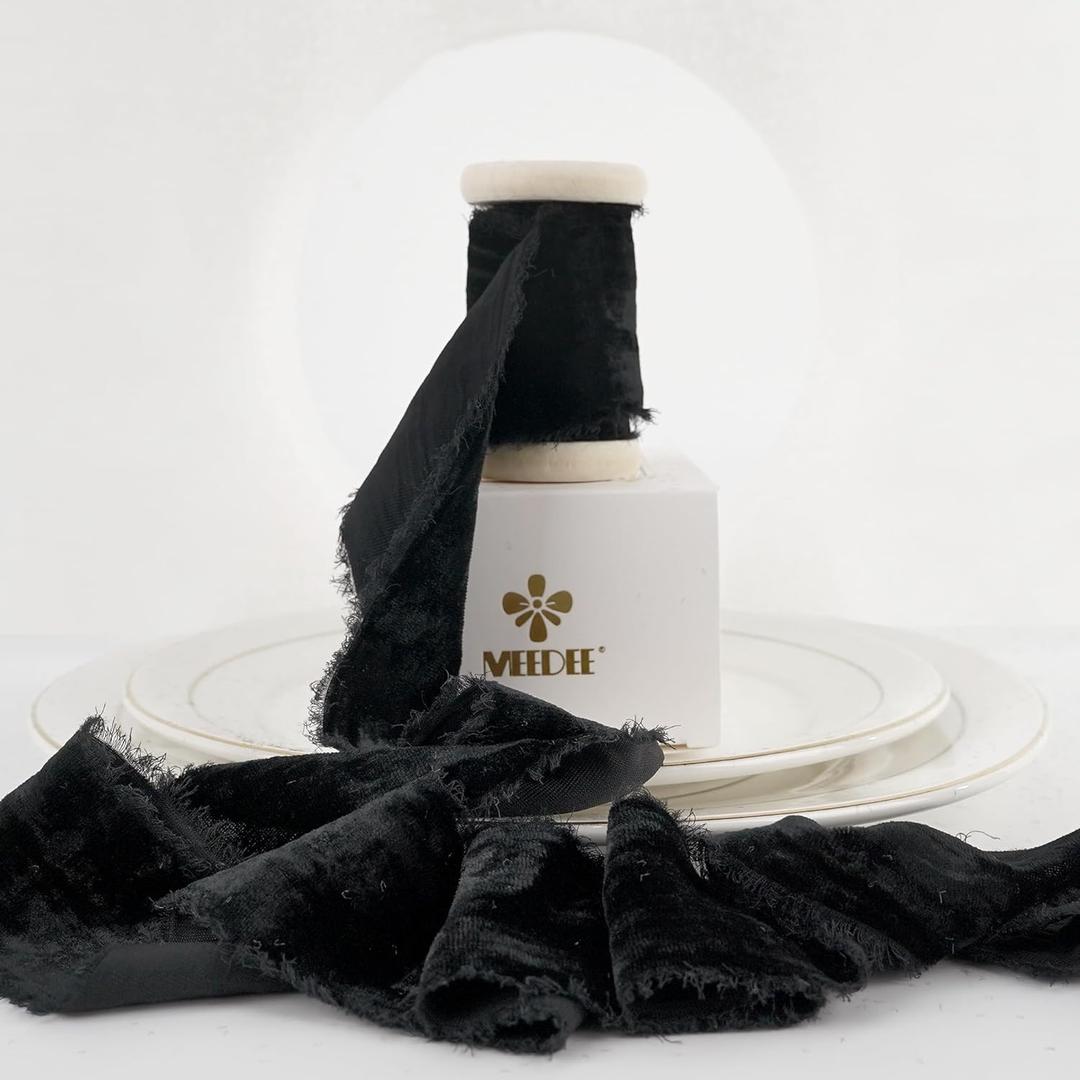 MEEDEE Black Velvet Ribbon 2 Inch Wide Frayed Ribbons Crinkle Raw Edge Black Christmas Ribbons 2 Rolls 4 Yards Crushed Velvet Ribbon for Gift Wrapping, Wedding Bouquet