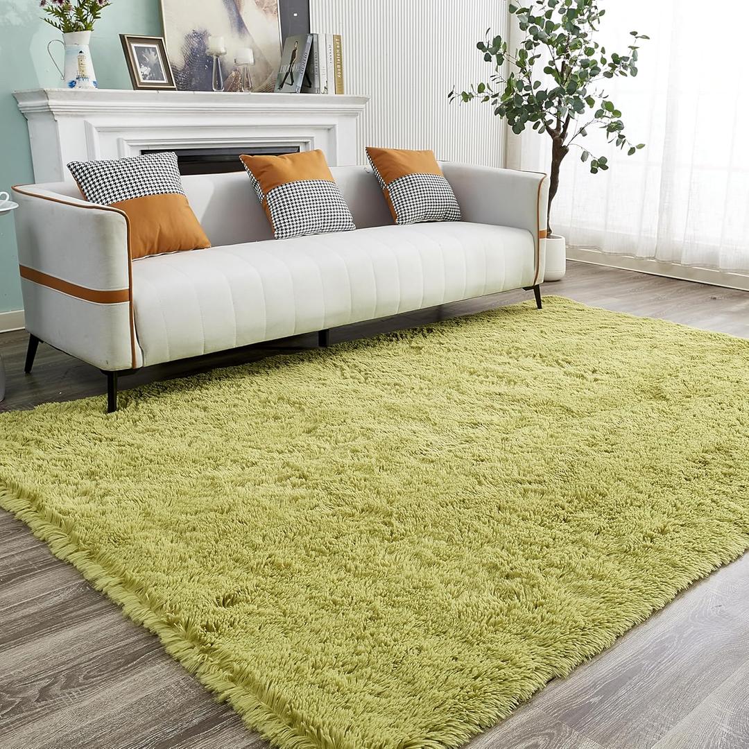 Area Rugs for Living Room Bedroom, 8x10 Feet Green Soft Fluffy Shaggy Rug, Large Indoor Floor Carpet for Kids Girls and Boys, Nursery Rooms Home Dorm Decor Aesthetic