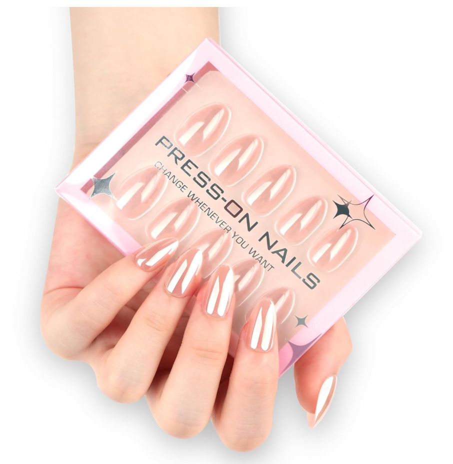 Laser Nude Press on Nails Medium Almond Fake Nails with Design Shiny Aurora Glue on Nails Full Cover Spring Nail Glossy Reusable 30pcs -15Sizes Solid Chrome False Nail for Women Girls Manicure, March GD 17