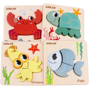 Wooden Puzzles for Toddlers Ocean Animals Montessori Toys Year Old Baby Girl Boy Gifts Educational Learning Bright Color Chunky Shape Puzzle Pack of 4