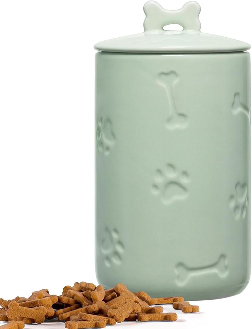 Dog Treat Container Airtight - 9"x5" Green Large Ceramic Dog Treat Jar for Kitchen Counter, Dog Cookie Jar with Lid - Farmhouse Style Dog Food Storage Container for Dogs, Cats, Pets