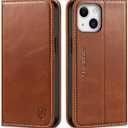 SHIELDON Wallet Case for iPhone 13 5G, Genuine Leather Folio Case Magnetic Shock Absorbing Cover RFID Blocking Credit Card Holder Kickstand Compatible with iPhone 13 6.1" 2021 - Retro Brown