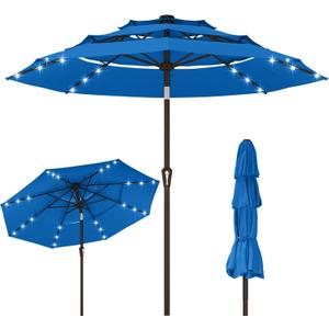 Kingdura 10ft 3-Tier Patio Umbrella with Solar Lights, Table Umbrella Outdoor Patio with Easy Crank & Tilt, 8 Sturdy Ribs, UV Protection, 32 LED Lights for Deck, Poolside, Market (Royal blue)