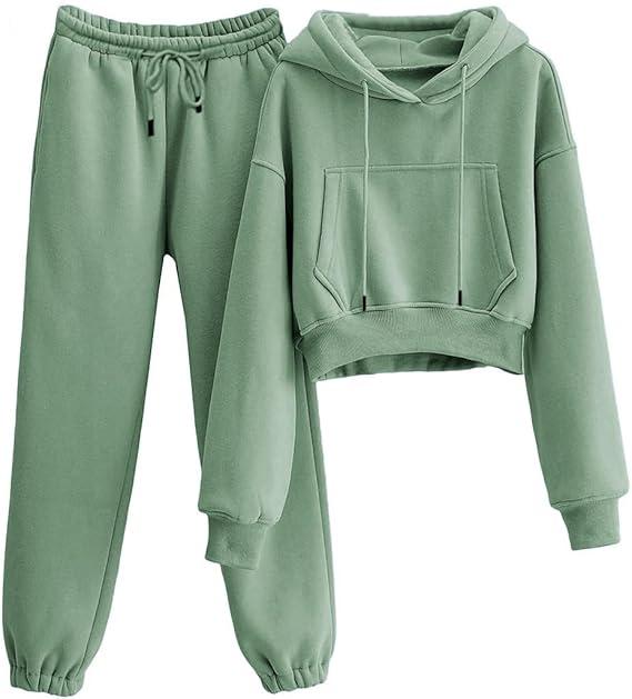 Sweatsuits for Women 2 Piece Set Crop Fleece Lining Hoodies Jogger Sweatpants Sweat Suits (XX-Large, Green)