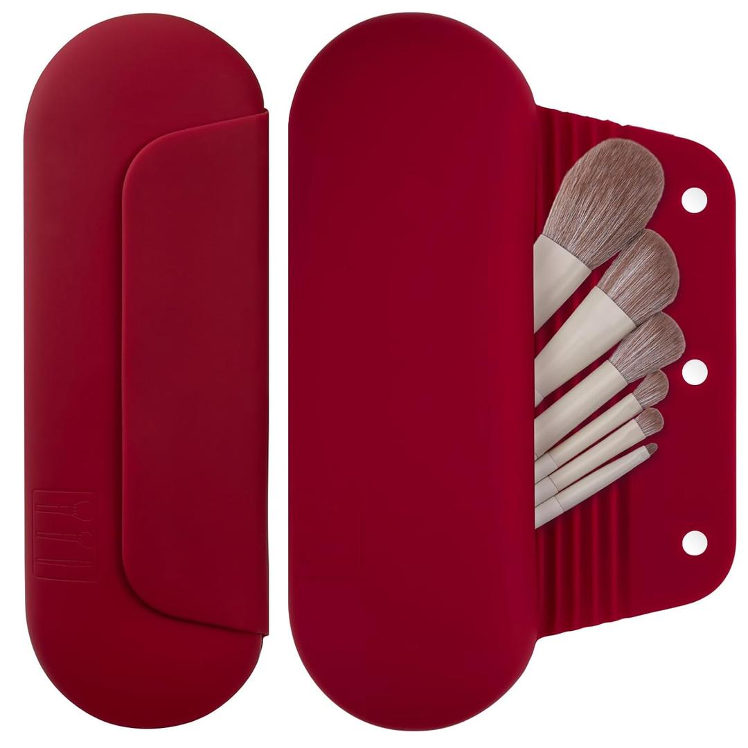 Silicone Makeup Brush Holder Travel Cosmetic BagSoft Portable Cosmetic Face Brushes Holder with Upgrade Anti-Fall Out Magnetic Closure, Large Travel Makeup Brush Case - Red