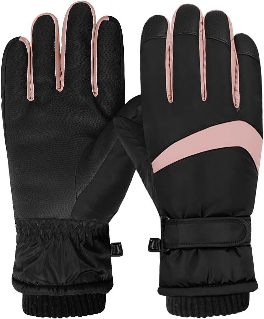 Women Ski Gloves, Windproof Thermal Touchscreen Gloves Waterproof Winter Warm Snow Glove for Skiing Cycling Outdoor Sports (Black Pink)