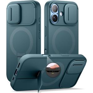 SURITCH for iPhone 17 Case with Camera Control Cover, Camera Slide Cover and Adjustable Kickstand, Compatible with MagSafe, Shockproof Bumper Protective Cases 6.3 Inch, Lake Green