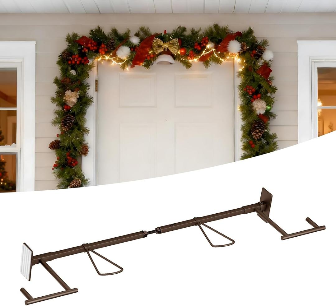 ELYKEN Garland Hanger for Front Door Frame, Adjustable Fits 31.5"- 43.3" Doors, Heavy-Duty Christmas Decoration Garland Holder for Wreaths, No Nails or Screws, No Door Damage, Bronze (Brown)