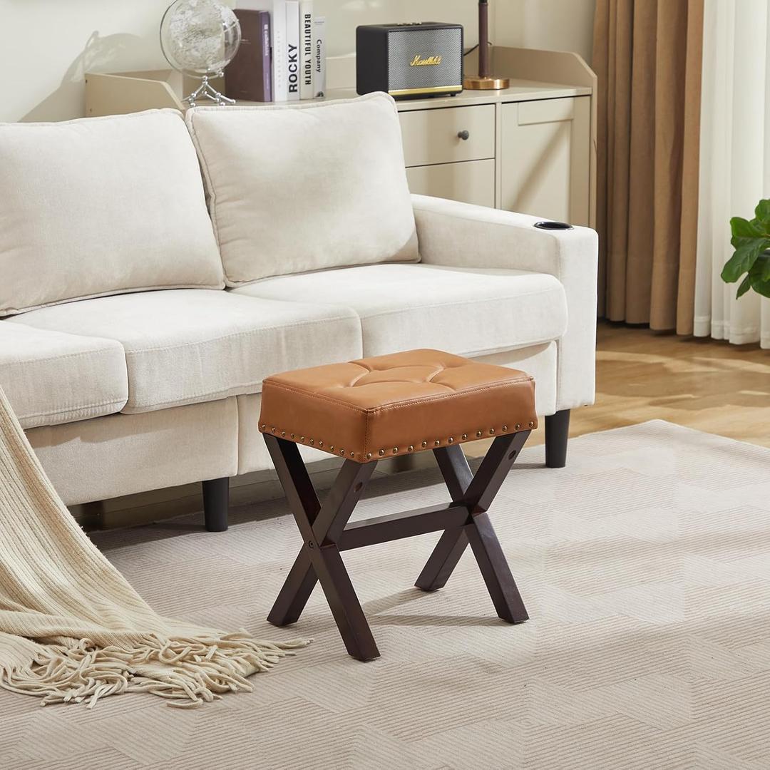 Square Makeup Stool with Rivets Wood X-Legs,Modern Vanity Ottoman Chair,Padded Faux Leather Seat for Dressing Room,Bathroom (Brown Faux Leather)