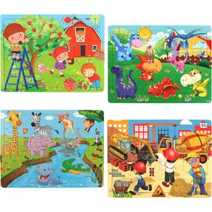 SYNARRY Puzzles for Kids Ages 4-8, 4 Pack Wooden Jigsaw Puzzles for Kids Ages 3-5 Years Old 40 Pieces, Preschool Puzzle Toy Gift for Children Boys and Girls, Farm Dinosaur Animal Construction Theme