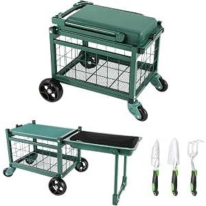 Rolling Garden Cart with Tool Bag and 3-Piece Garden Tools Set, Garden Work Seat and Heavy-Duty Wagons with 360° Swivel Wheels, Workbench and Metal Storage Basket, Supports Up to 400LBS