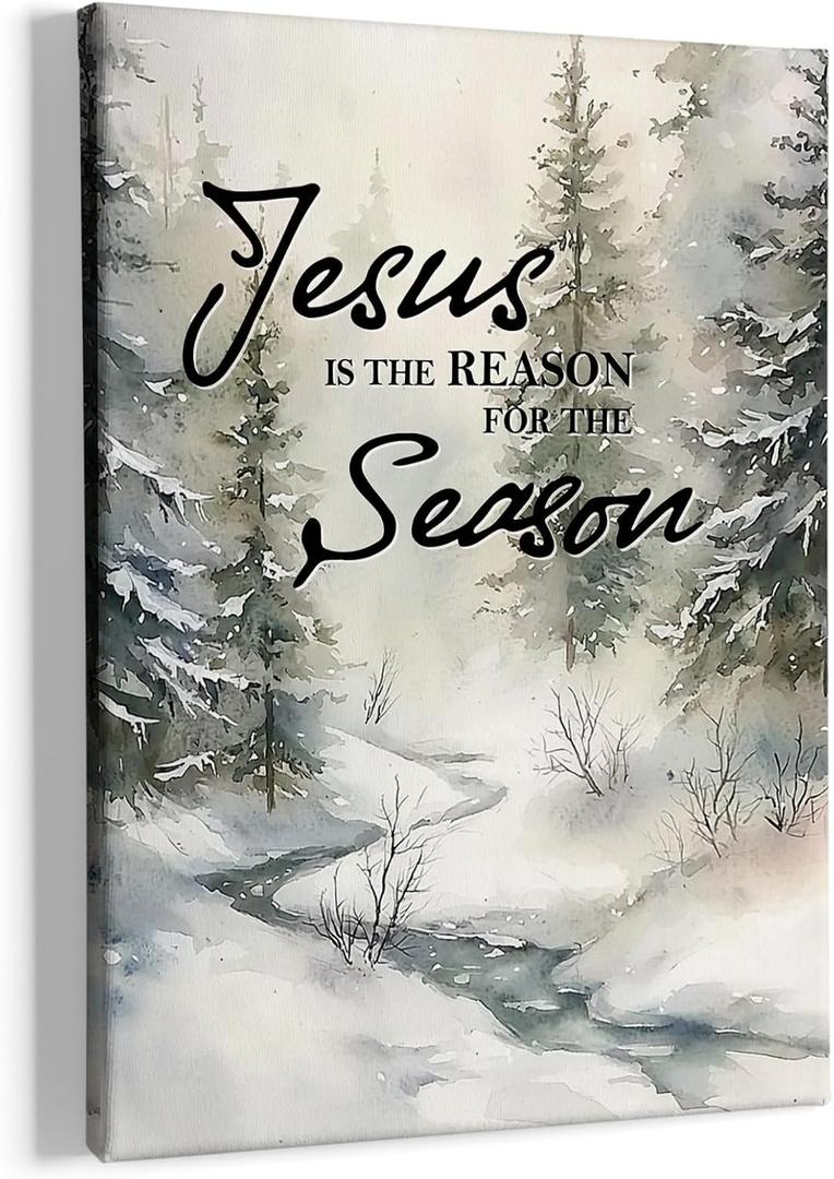 HIWX Winter Christmas Jesus Wall Decor, Christian Bible Verse Framed Canvas Painting Wall Art Decor, Jesus Is the Reason for the Season Wall Art Home Decoration for Church Bedroom Living Room, 11x14