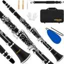 SONICAKE B Flat Clarinet for Beginner & Student, Nickel-plated Bb Ebonite Clarinet 2 Barrels, Reeds with Cleaning Kit, White Gloves and Hard Case, Black, QCR-01