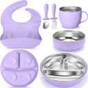 Nuogo 6 Pcs 304 Stainless Steel Kids Plates and Bowls Set Stainless Steel Suction Bowls and Toddler Cup with Removable Silicone, Forks Spoons Pocket Bib for Baby Toddle (Purple,Round)