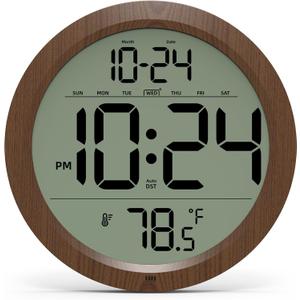 Digital Wall Clock with Date, Indoor Temperature, Auto-DST, Battery-Operated Digital Clock, 8 Inch Small Decorative Wood Wall Clock for Bedroom, Living Room, Kitchen, Office, Modern, Electric, Simple
