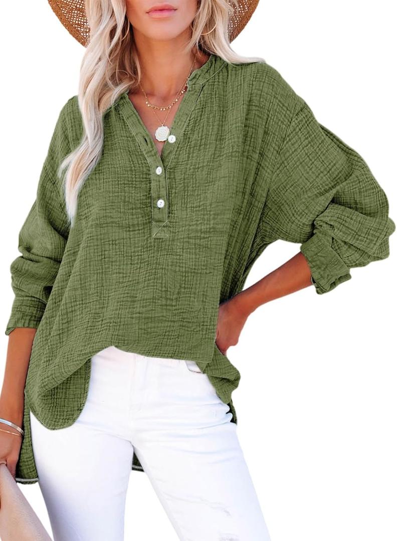 Dokotoo Womens Casual Button V Neck Long Sleeve Shirts Oversized Solid Blouses Tops L