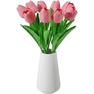 Real-Touch Artificial Tulips with Ceramic Vase, 10 Stems Faux Floral Arrangement, Spring Table Centerpiece, Modern Farmhouse Home Decor (Pink +vase)