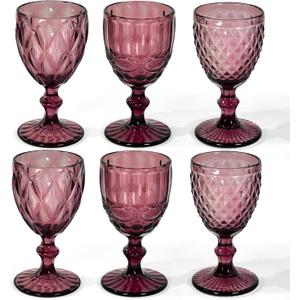 Vintage Wine Glasses Set of 6, 12 OZ Colored Glass Water Goblets, Embossed Floral Decorative Crystal Glass Cups Set, Dishwasher Safe, for Wedding, Party, Red Wine Glass, Bars, Restaurants