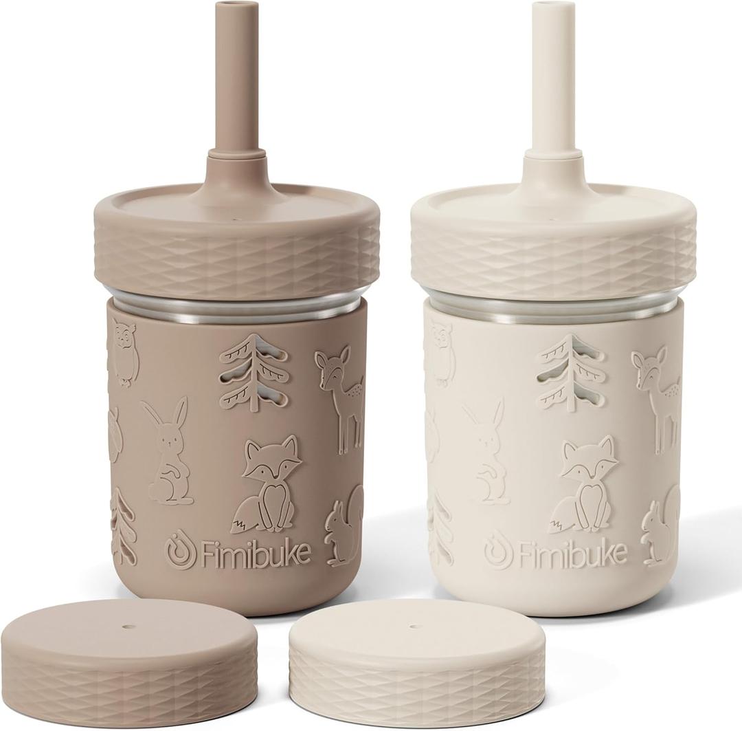 Fimibuke Toddler Cups Spill Proof, 8 OZ Sippy Cups for Kids Girl Boy, Leak Proof Stainless Steel Tumbler with Lid, Silicone Straw & Sleeve, BPA Free Dishwasher Safe Water Bottle Snack Container 2 Pack  Khaki/Beige, 8 Ounces