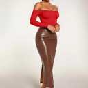 HYZ Women's Sexy Off The Shoulder Long Sleeve Backless Basic Going Out Thong Bodysuit Tops (Red)