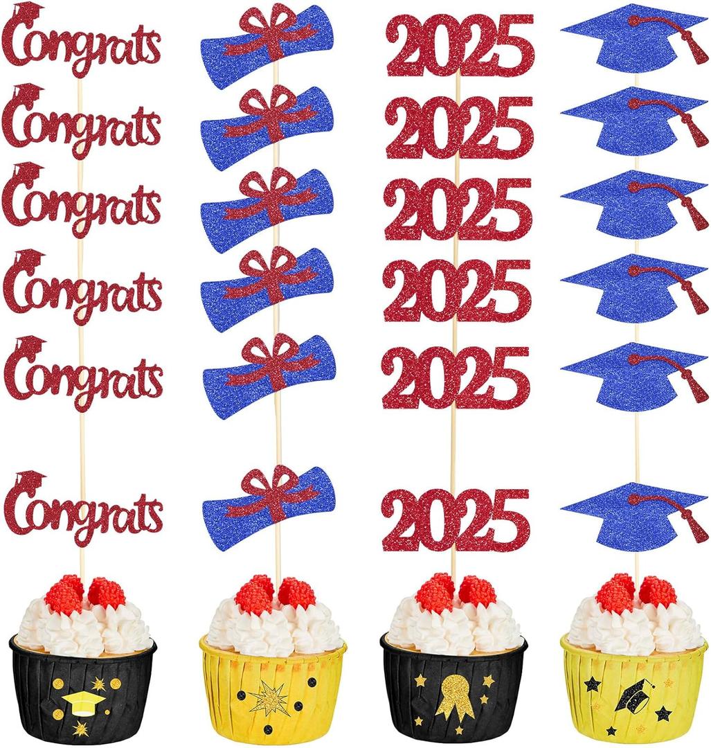 Chinco 100 Pack 2025 Graduation Cupcake Toppers Grad Cap Food Appetizer Picks Cake Graduation Party Decorations Diploma Cupcake Picks for Cake Class of 2025 Graduation Party(Red and Blue)