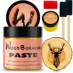 LAOBIAO Wood Burning Paste Beeswax Kit, 1 Jar Wood Burning Gel with 1 Jar Beeswax Paste, 2 Foam Paint Brushes and Squeegees for DIY Arts and Crafting & Stencil Wood Burning (5Pcs Set)