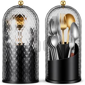 2 Pack 360 Rotating Silverware Organizer, Utensil Holder with Lid for Kitchen Counter Silverware Caddy with Drainage Dustproof Flatware Holder for Cutlery Spoon Fork (Diamond Black,3 Slot)