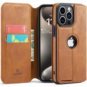 Casus Logo View Compatible with iPhone 15 Pro Wallet Case Slim Faux Leather with Card Holder Slot Thin Magnetic Flip Cover (2023) 6.1" (Brown)