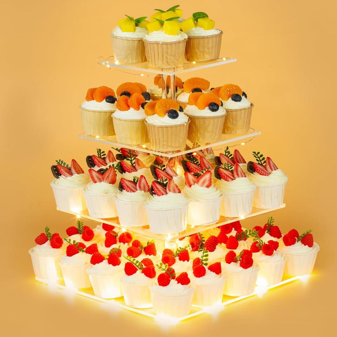 4 Tier Premium Cupcake Stand Cupcake Holder, Acrylic Cupcake Tower with LED Yellow Light for Cupcakes, Dessert Table Display Set for Birthday, Bar, Decor Weddings, Parties Events
