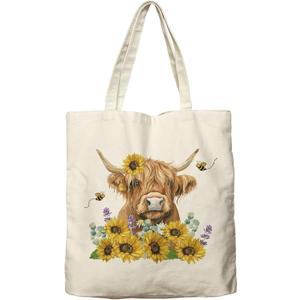 Dlzdn Sunflower Highland Cow Canvas Tote Bag For Women Aesthetic Tote Bag Shopping Grocery Bag Beach Bag Gifts for Women Teacher Bag Reusable Grocery Bag