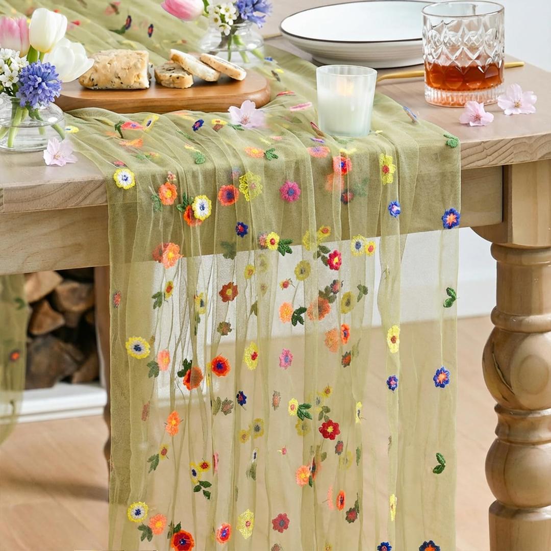 Artoid Mode Green Embroidery Daisy Gauze Table Runner 120 Inch 10FT, Seasonal Sheer Kitchen Dining Holiday Wedding Birthday Table Decor for Home Party (28" x 120")