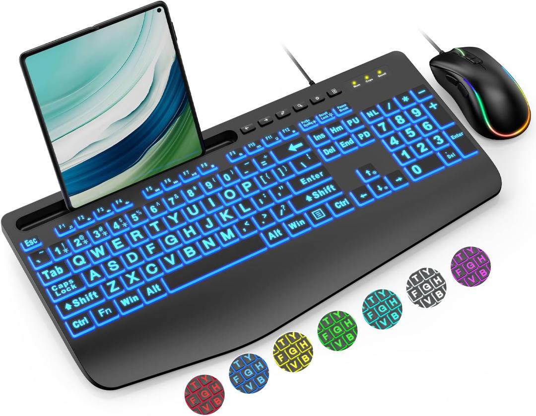 Keyboard and Mouse Combo Wired, Large Print Computer Keyboards with Wrist Rest, Lighted RGB Backlit Keyboard Easy to See, Ergonomic Light Up USB Keyboard Set for PC, Windows, Laptop SABLUTE
