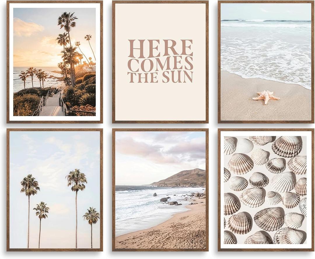 6Pcs Boho Coastal Wall Art Beach Palm Tree Seashell Posters Prints with Here Comes the Sun Neutral Ocean Themed Pictures Wall Decor for Bedroom Dorm Apartment Home Decoration 8''x10'' Unframed
