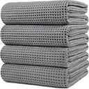 POLYTE Microfiber Oversize Quick Dry Lint Free Bath Towel, 60 x 30 in, 4 Pack (Gray, Waffle Weave)