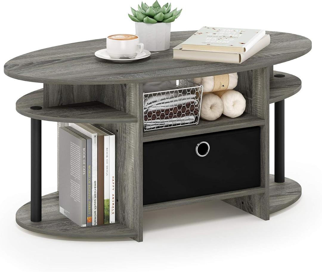 Furinno Jaya Oval Coffee Table, French Oak Grey/Black/Black, 19.7"d X 35.4"w X 16.4"h