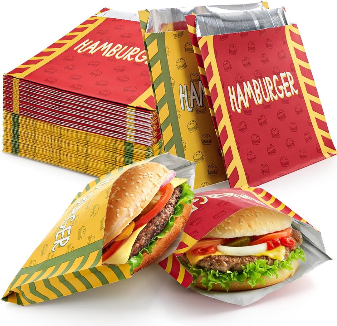 ZEAYEA 200 Pack Burger Wrappers, Aluminum Foil Hamburger Sleeves for Sandwich, BBQ, Water and Grease Resistant Hamburger Bags for Party, Restaurant
