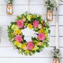 YNYLCHMX 18" Spring Summer Wreaths for Front Door, Artificial Floral Wreath with Peony and Eucalyptus Leaves, Green Foliage Wreath for Wall Window Farmhouse Party Holiday Home Decor
