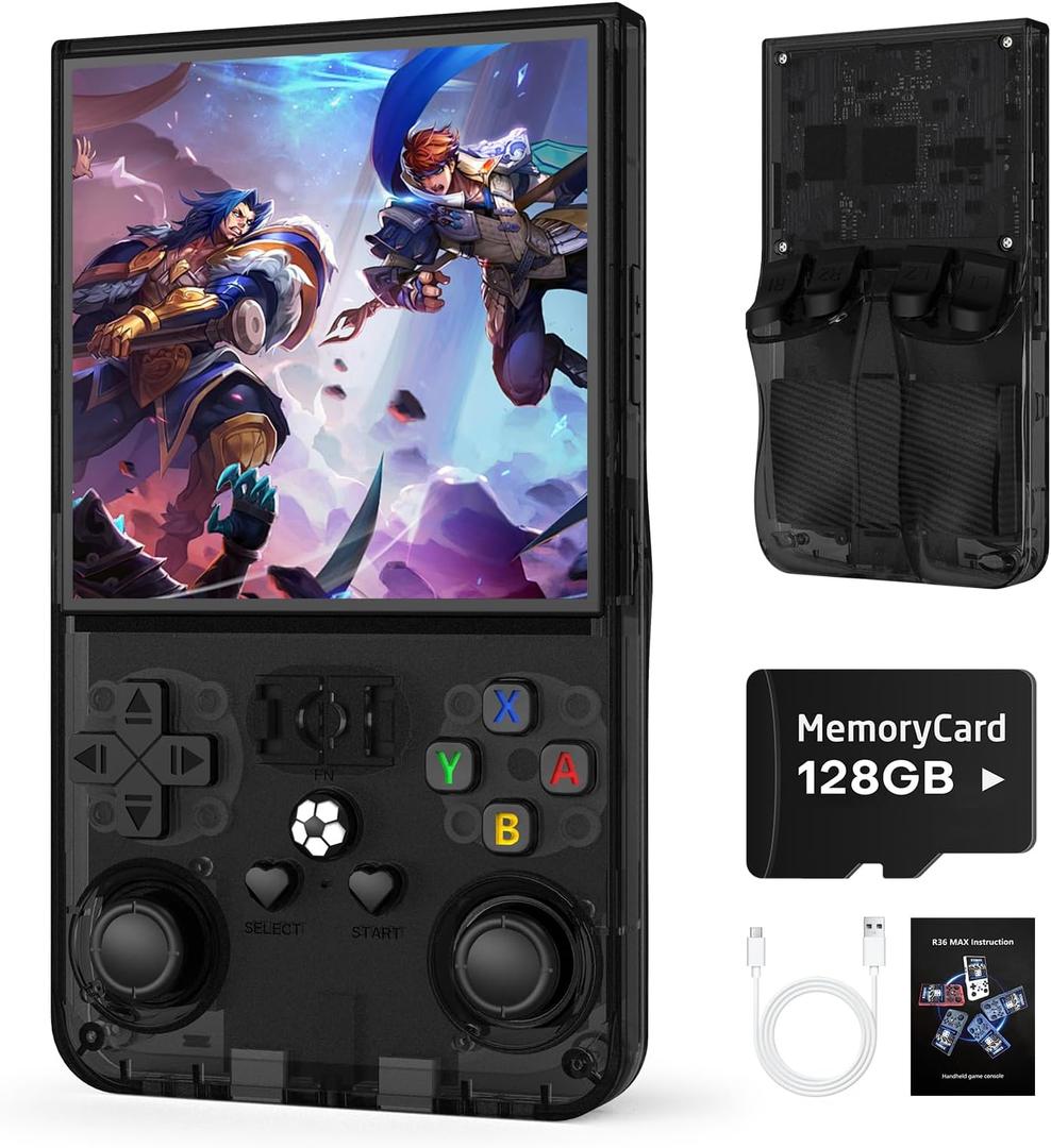 R36MAX Retro Handheld Game Console, 128GB Retro Gmaing Console with 4.0 Inch IPS HD Screen, Portable Retro Gaming Console, Support 30+ Emulator Console Video Game Console, Black