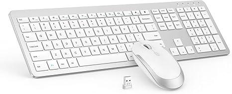 Wireless Keyboard and Mouse Combo - Full Size Slim Thin Wireless Keyboard Mouse with Numeric Keypad 2.4G Stable Connection Adjustable DPI (White & Silver)