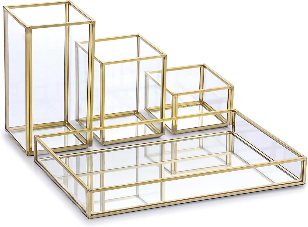 Hipiwe Set of 4 Glass Mirror Tray with Stackable Makeup Brush Holder - Gold Jewelry Trinket & Vanity Tray Perfume & Cosmetic Brush Organizer Pen & Pencil Holder for Dresser Bathroom Office