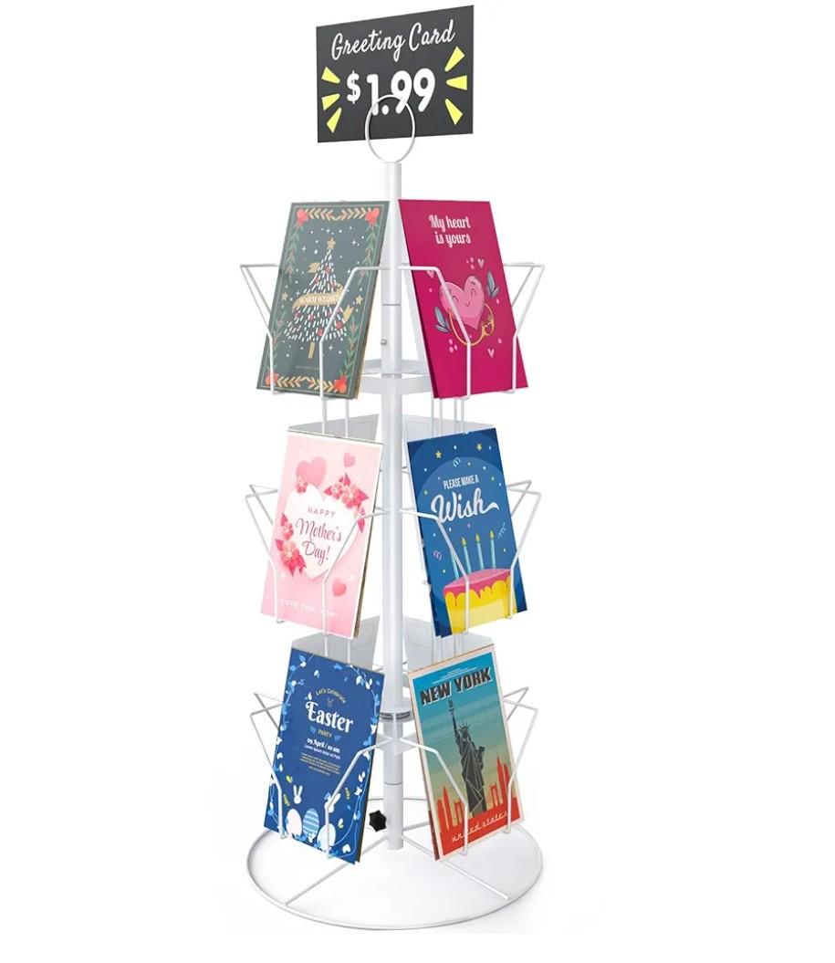 Greeting Card Display Stand Rotating Rack Holder, for Postcard Sticker Retail, Metal White