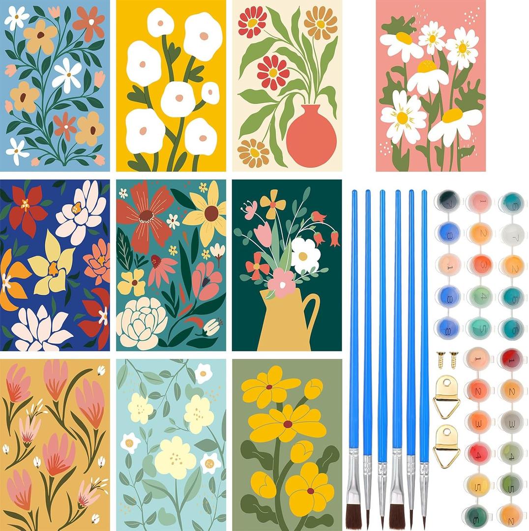 Gueevin 10 Pack Paint by Number for Adults Kids DIY Paint by Numbers Acrylic Painting Kits Canvas, Without Frame, Simple Oil Painting for Spring Summer Gift Wall Decor 12 x 16 inch(Flower Style)