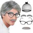 4 Pcs Set Old Men Wig (2 Eyebrows+1 Mustache+1 Glasses+1 Wig Cap) 100 Days of School Wigs Grandpa Costume Accessory Kit Short Sliver Grey Hair Wigs Men for Costume Halloween Party+Hair Cap (gray)