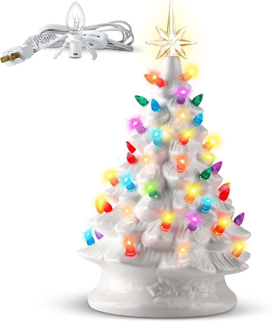 Ganeen 15 Inch Ceramic Christmas Tree with 66 Multicolored Lights Hand Painted Tabletop Christmas Tree Vintage Xmas Decorations for Table Desk Countertop Mantel Home Office (White)