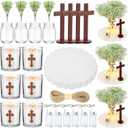 6 Sets Baptism Table Centerpiece Kit with Wood Cross, Mason Jar, Candles, Baby's Breath, Flax Rope, String Lights, Cross Cards and Accessories for Baptism First Communion Church Wedding