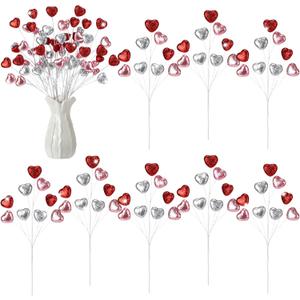 8 Pcs Valentine's Day Heart Picks 16.5 Inch Glitter Foam Hearts Picks Red Pink Silver Heart Stems for Valentines Flower Arrangements, Vase Centerpiece, Tree, Wedding, Romantic Home Decoration