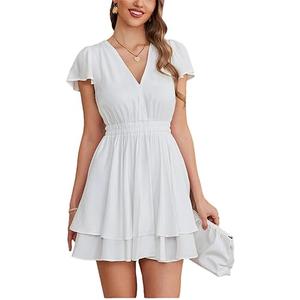 Women's Short Sleeve V Neck Mini Dress A-Line Ruffle Swing Holiday Short Dresses, White, Size L