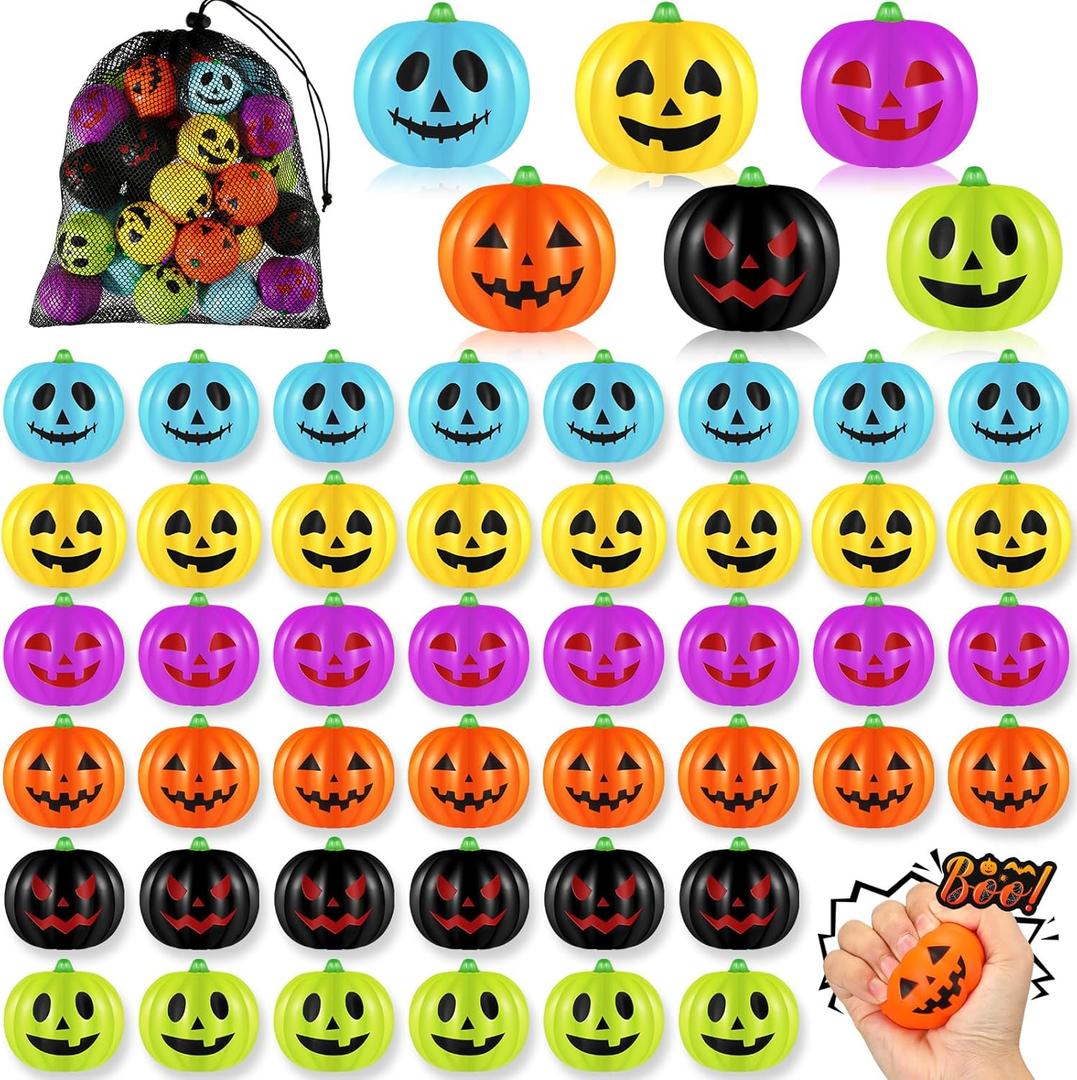 Libima 36 Pcs Halloween Pumpkin Stress Balls Bulk Colorful Stress Relief Ball Mini Foam Squeeze Ball Party Favors Toy with Storage Bag for Halloween Party Bag Filler School Carnival Reward